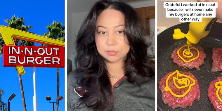 In-n-out burger(L), Woman talking(c), burgers in pan(r)